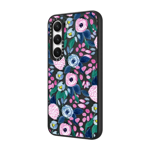Girly Pink Navy Blue Watercolor Flowers Roses Leaves Pattern