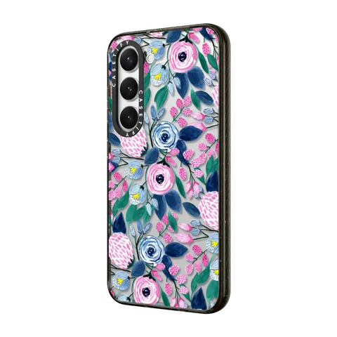 Girly Pink Navy Blue Watercolor Flowers Roses Leaves Pattern