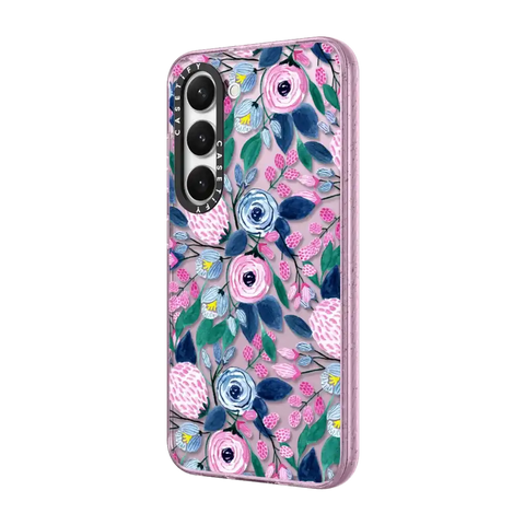 Girly Pink Navy Blue Watercolor Flowers Roses Leaves Pattern