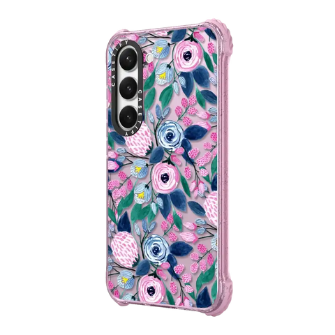 Girly Pink Navy Blue Watercolor Flowers Roses Leaves Pattern
