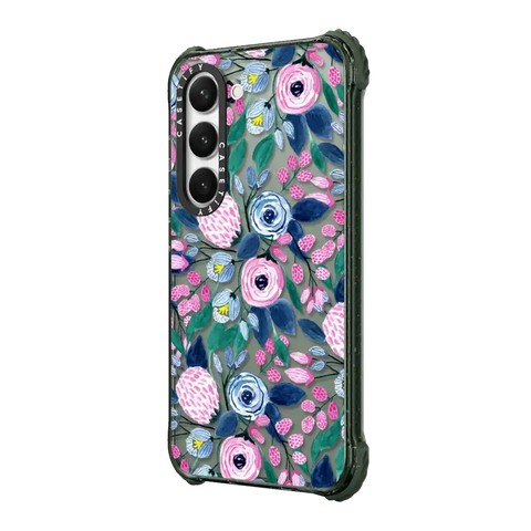 Girly Pink Navy Blue Watercolor Flowers Roses Leaves Pattern