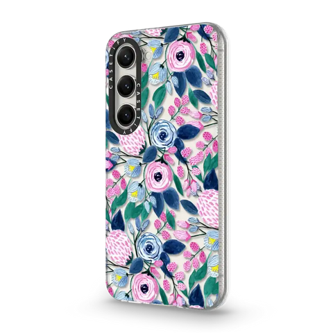 Girly Pink Navy Blue Watercolor Flowers Roses Leaves Pattern