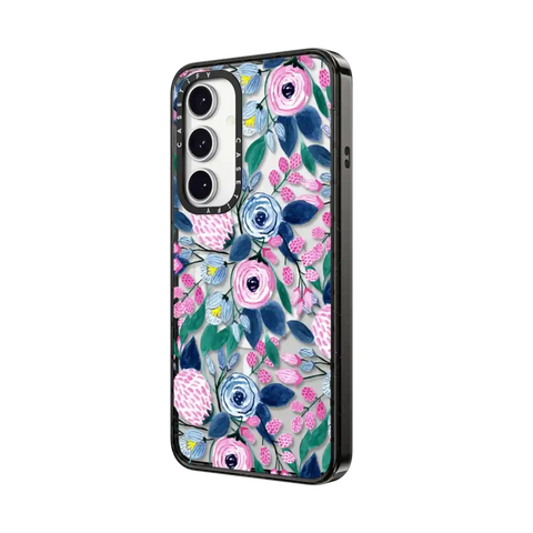 Girly Pink Navy Blue Watercolor Flowers Roses Leaves Pattern