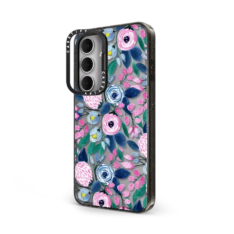 Girly Pink Navy Blue Watercolor Flowers Roses Leaves Pattern