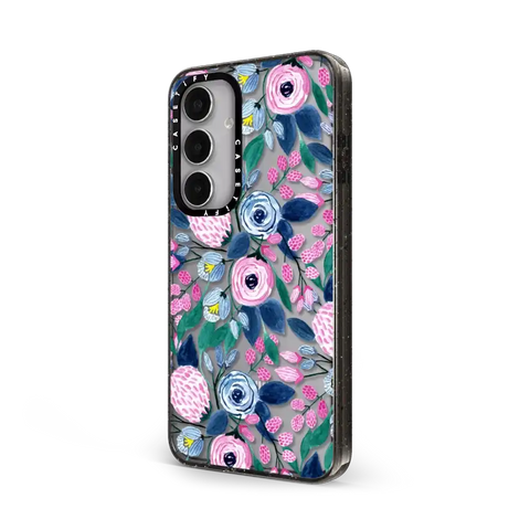 Girly Pink Navy Blue Watercolor Flowers Roses Leaves Pattern