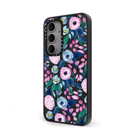 Girly Pink Navy Blue Watercolor Flowers Roses Leaves Pattern