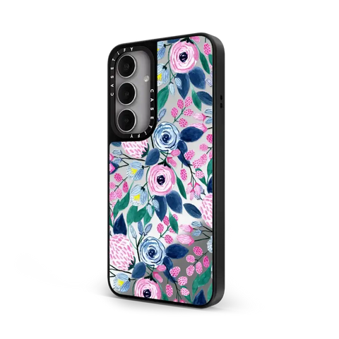 Girly Pink Navy Blue Watercolor Flowers Roses Leaves Pattern
