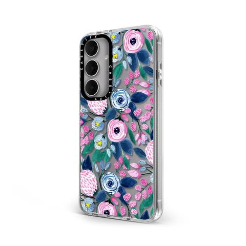 Girly Pink Navy Blue Watercolor Flowers Roses Leaves Pattern