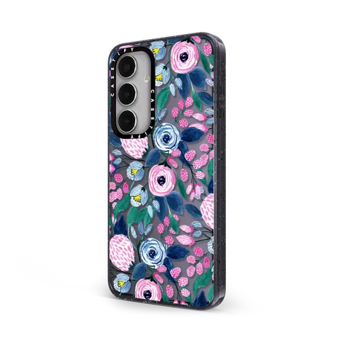 Girly Pink Navy Blue Watercolor Flowers Roses Leaves Pattern