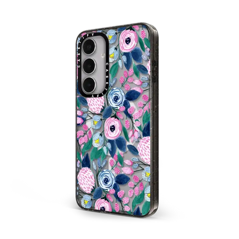 Girly Pink Navy Blue Watercolor Flowers Roses Leaves Pattern