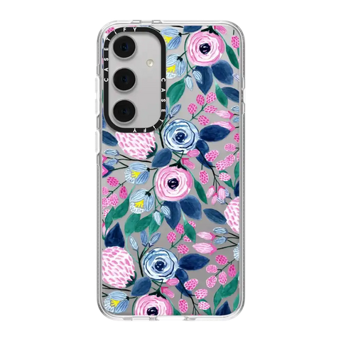Girly Pink Navy Blue Watercolor Flowers Roses Leaves Pattern