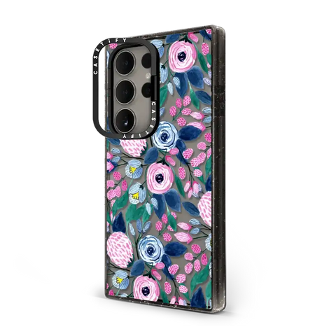 Girly Pink Navy Blue Watercolor Flowers Roses Leaves Pattern