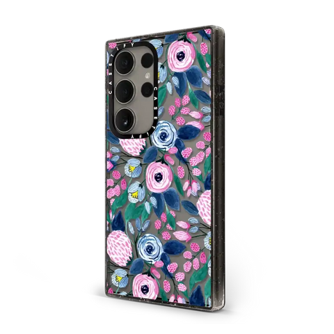 Girly Pink Navy Blue Watercolor Flowers Roses Leaves Pattern