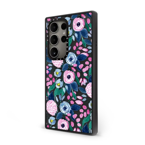 Girly Pink Navy Blue Watercolor Flowers Roses Leaves Pattern