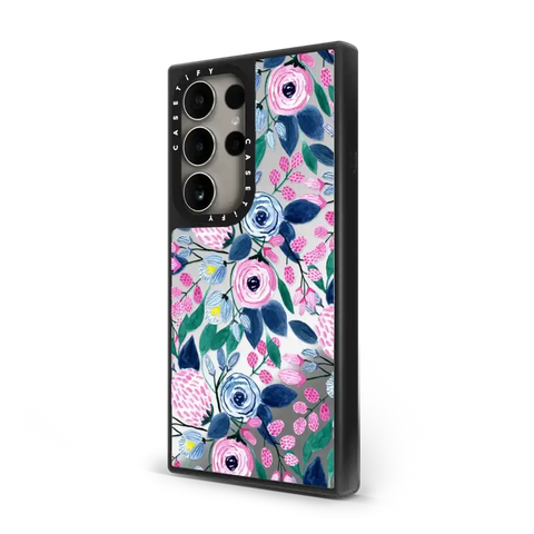 Girly Pink Navy Blue Watercolor Flowers Roses Leaves Pattern