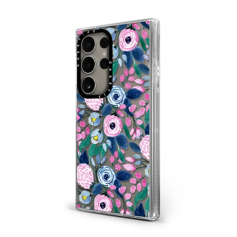 Girly Pink Navy Blue Watercolor Flowers Roses Leaves Pattern