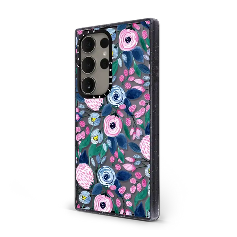 Girly Pink Navy Blue Watercolor Flowers Roses Leaves Pattern