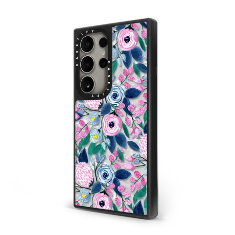 Girly Pink Navy Blue Watercolor Flowers Roses Leaves Pattern