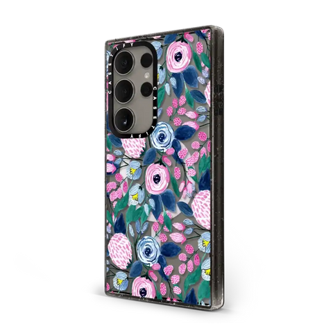 Girly Pink Navy Blue Watercolor Flowers Roses Leaves Pattern