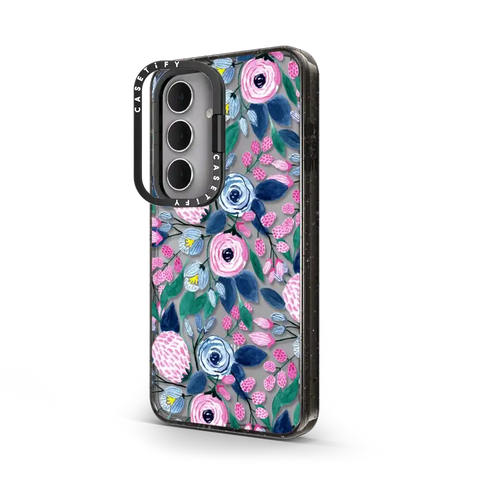 Girly Pink Navy Blue Watercolor Flowers Roses Leaves Pattern