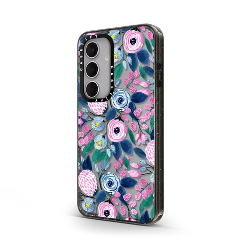 Girly Pink Navy Blue Watercolor Flowers Roses Leaves Pattern