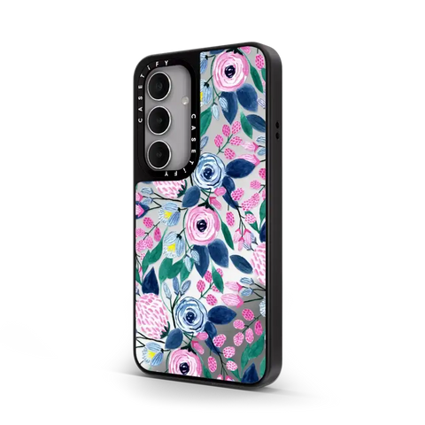 Girly Pink Navy Blue Watercolor Flowers Roses Leaves Pattern
