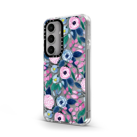 Girly Pink Navy Blue Watercolor Flowers Roses Leaves Pattern