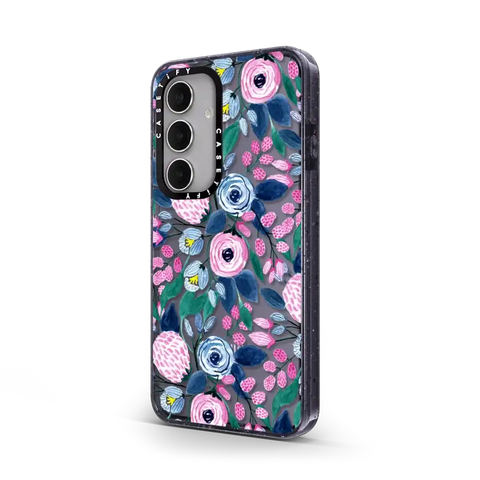 Girly Pink Navy Blue Watercolor Flowers Roses Leaves Pattern