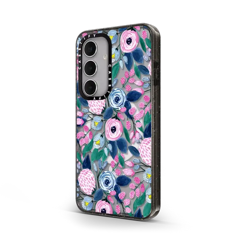 Girly Pink Navy Blue Watercolor Flowers Roses Leaves Pattern