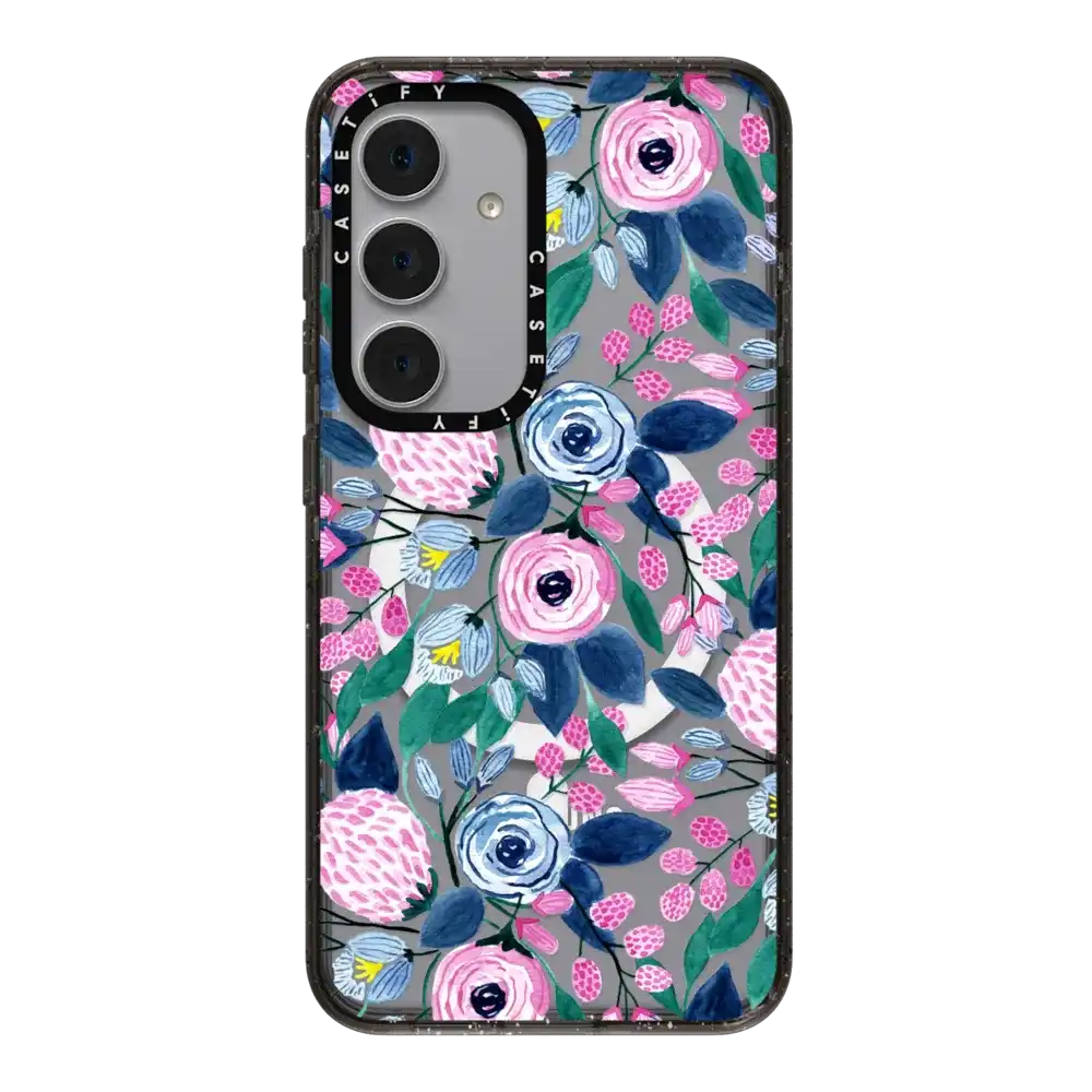 Girly Pink Navy Blue Watercolor Flowers Roses Leaves Pattern
