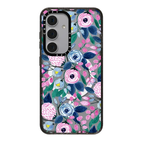 Girly Pink Navy Blue Watercolor Flowers Roses Leaves Pattern