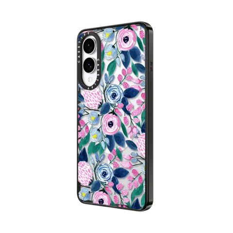 Girly Pink Navy Blue Watercolor Flowers Roses Leaves Pattern