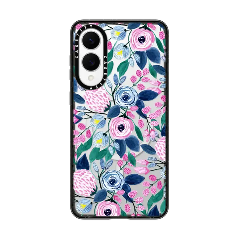 Girly Pink Navy Blue Watercolor Flowers Roses Leaves Pattern