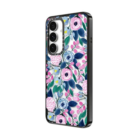 Girly Pink Navy Blue Watercolor Flowers Roses Leaves Pattern