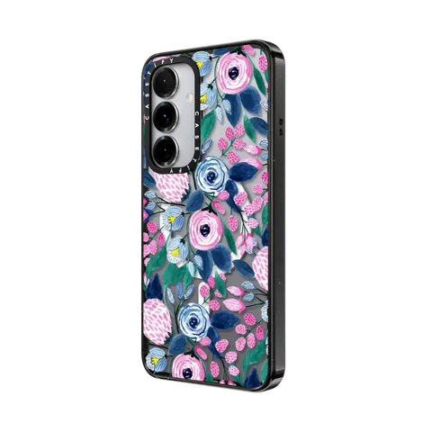 Girly Pink Navy Blue Watercolor Flowers Roses Leaves Pattern