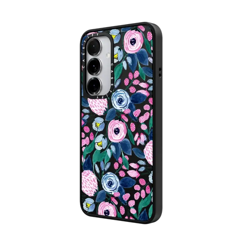 Girly Pink Navy Blue Watercolor Flowers Roses Leaves Pattern