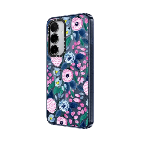 Girly Pink Navy Blue Watercolor Flowers Roses Leaves Pattern