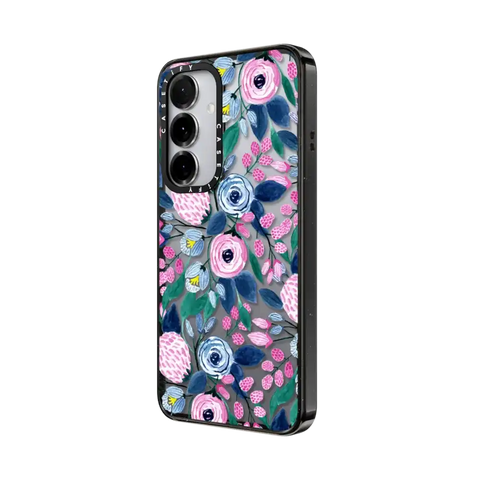 Girly Pink Navy Blue Watercolor Flowers Roses Leaves Pattern