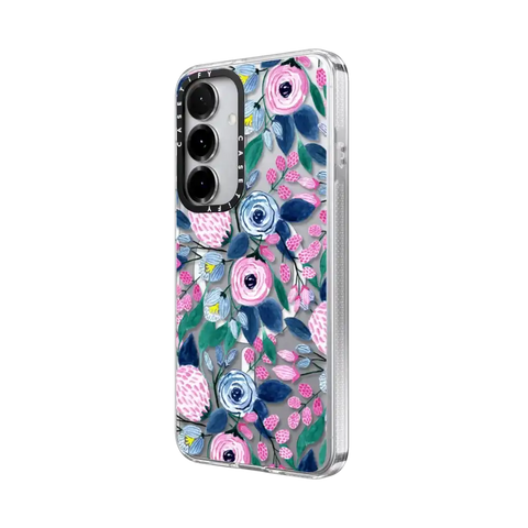 Girly Pink Navy Blue Watercolor Flowers Roses Leaves Pattern