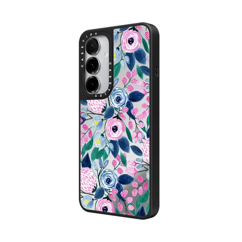 Girly Pink Navy Blue Watercolor Flowers Roses Leaves Pattern