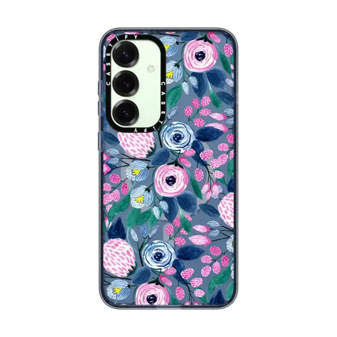 Girly Pink Navy Blue Watercolor Flowers Roses Leaves Pattern