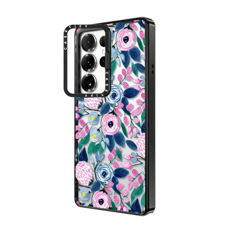 Girly Pink Navy Blue Watercolor Flowers Roses Leaves Pattern
