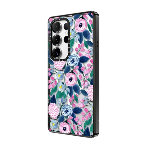 Girly Pink Navy Blue Watercolor Flowers Roses Leaves Pattern