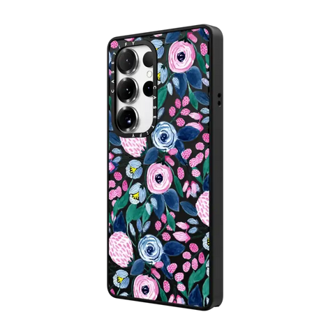 Girly Pink Navy Blue Watercolor Flowers Roses Leaves Pattern