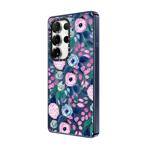 Girly Pink Navy Blue Watercolor Flowers Roses Leaves Pattern
