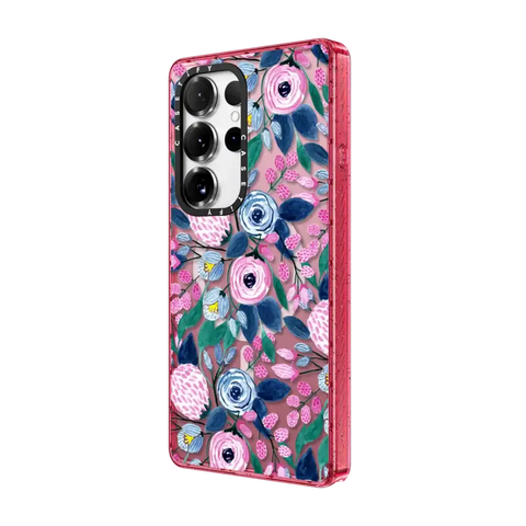 Girly Pink Navy Blue Watercolor Flowers Roses Leaves Pattern
