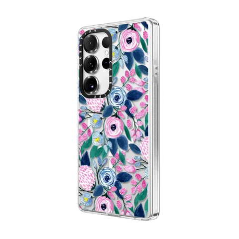 Girly Pink Navy Blue Watercolor Flowers Roses Leaves Pattern
