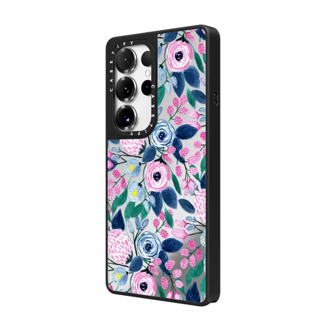 Girly Pink Navy Blue Watercolor Flowers Roses Leaves Pattern