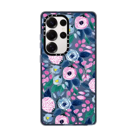 Girly Pink Navy Blue Watercolor Flowers Roses Leaves Pattern