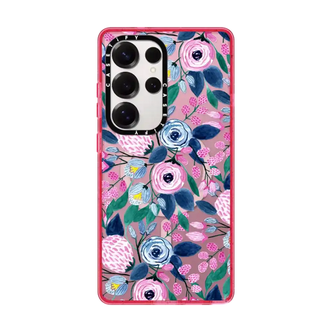 Girly Pink Navy Blue Watercolor Flowers Roses Leaves Pattern